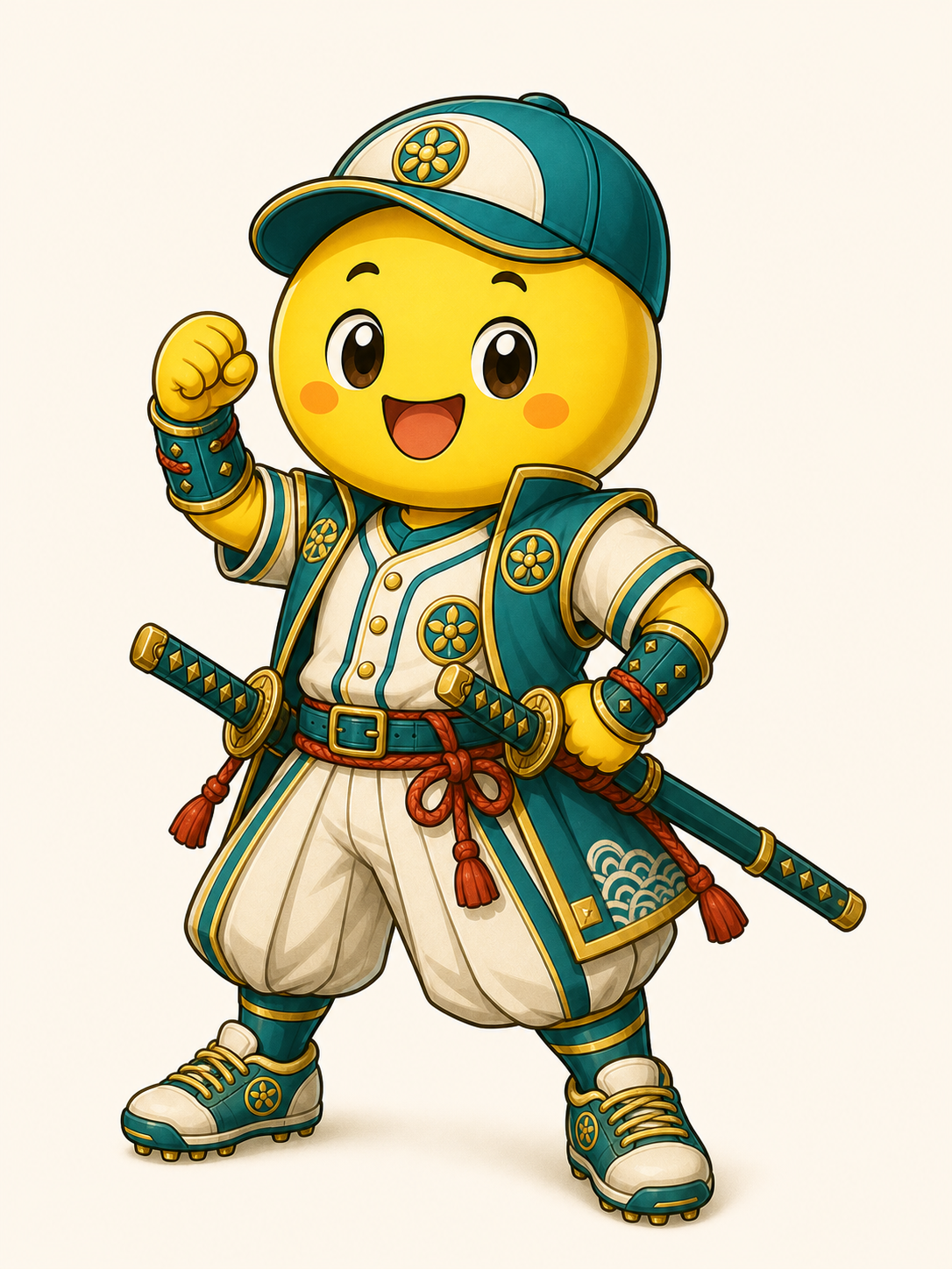 野球と武士をモチーフにした黄色いマスコットキャラクター